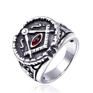 Personalized retro Masonic men's titanium steel ring High quality red gemstone Freemason theme ring