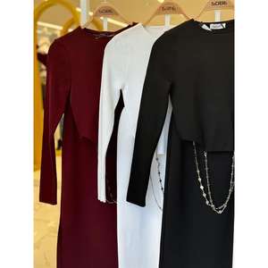 Conjunto de Vestido Elegante de Punto para Mujer, Manga Larga, con Detalle de Cadena, Negro, Blanco, Borgoña - Product Image 1