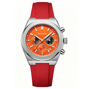 BESSERON Men's Sport Chronograph Watch Stainless Steel Case <b>Red</b> Silicone Band 42mm Analog Quartz Movement - Product Image 3