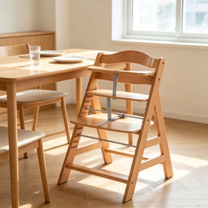 Silla Alta Convertible 3 en 1 de Madera Natural para Bebés y Niños Pequeños, 3 Niveles, 2 Bandejas de Madera Ajustables, 8 Niveles de Altura Ajustables - Product Image 2