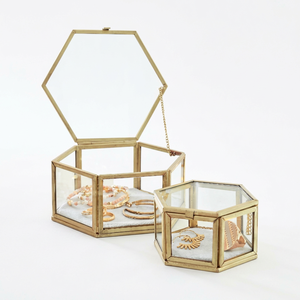 Hexagon Metal Glass Handmade Jewelry Box Display Organizer Clear Rings Bracelets Golden <b>Storage</b> Wedding Anniversary - Product Image 1