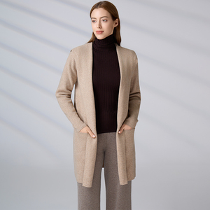 Cárdigan de punto con capucha para mujer, mezcla de lana, frente abierto, suéter personalizable de alta gama, abrigo de punto de longitud media con bolsillos - Product Image 1