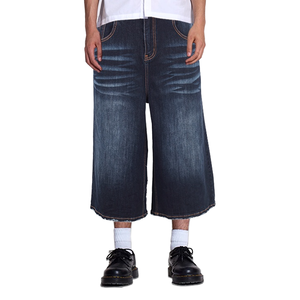 Men's <b>Wide</b> <b>Leg</b> Denim <b>Shorts</b> Washed Raw Edge Mid Waist Casual Summer Wear Cotton <b>Short</b> Pants Breathable Custom - Product Image 1