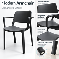Fauteuil en plastique PP noir, chaise de salle à manger moulée d'une seule pièce avec accoudoirs pour l'extérieur, patio, jardin, café, bistrot, restaurant, mobilier
