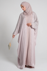 Vestido Abaya Musulmán Modesto 2026, Abaya Beige con Cuentas de Perlas y Capa de Chifón Transparente, Ropa de Noche Islámica para Mujeres con Hiyab - Product Image 2