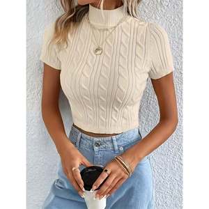 Suéter de Punto Trenzado con Cuello Alto y Manga Corta Color Leche Talla XS para Mujer - Product Image 3
