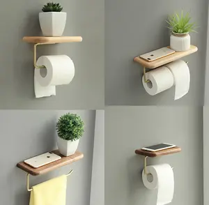 Wall Mount Wooden Bathroom Storage Shelf Brass Pipe Toilet Paper Holder Wood With Phone Shelf