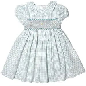 Custom Summer Embroidered Blue Plaid Boho Cute Smock 100% Cotton Natural Organic Casual Dresses Girls Dresses