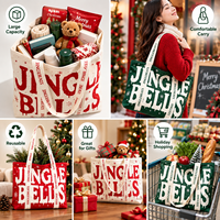 Sac fourre-tout en toile grand format JC BASIC, imprimé clochettes vertes, avec logo personnalisé, grande capacité, fond large, promotionnel pour les fêtes de Noël