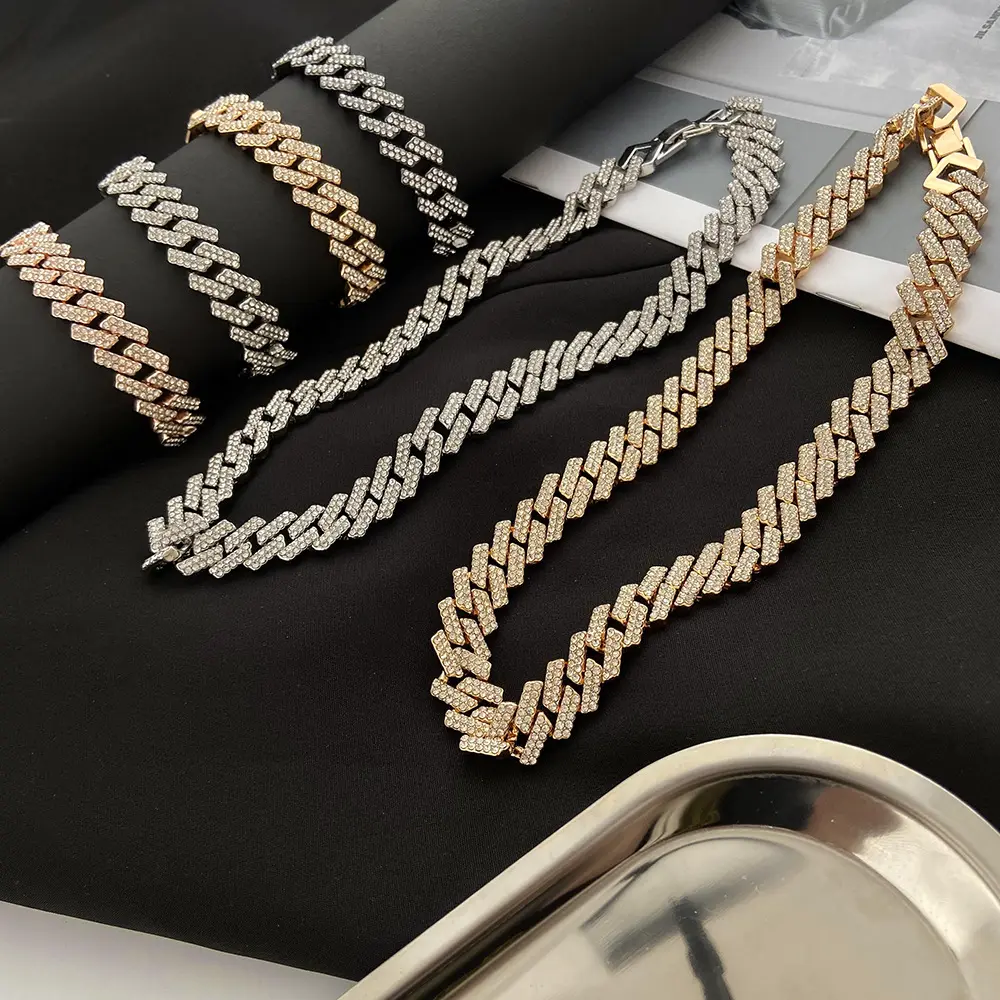 Luxury 18k Gold Plated Cuban Chain Rhinestone Bracelet Iced Out Micro Pave CZ Miami Link Chain Choker Necklace Hip Hop Jewelry