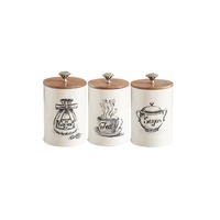 Jeu de 3 bocaux cylindriques en métal blanc hermétique pour grains de café avec couvercle en bois