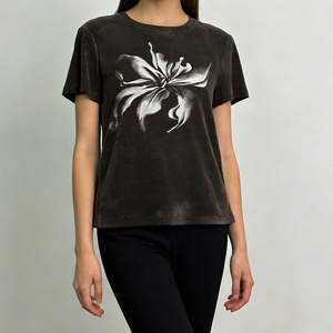 T-<span class=keywords><strong>shirt</strong></span> à manches courtes pour femme, gris foncé, style vintage, imprimé floral, décontracté, été - Product Image 1