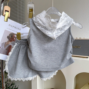 Set di <span class=keywords><strong>pantaloncini</strong></span> da ragazza alla moda in stile coreano, vestiti estivi da <span class=keywords><strong>bambina</strong></span>, nuovo Set da due pezzi con cappuccio in pizzo - Product Image 3