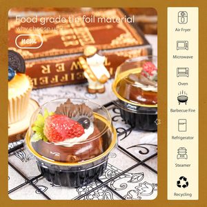 125ml Mini moules à pain avec couvercles Petits récipients à gâteaux Tasses de cuisson pour pouding Soufflé Fête Mariage Anniversaire Noir Or - Product Image 5
