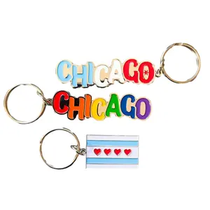 Customized High Quality Chicago Flag and Food Words Nickel and Gold Plating Iron Soft Enamel Key Chains Gifts Unique Key Chains