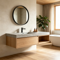 Pia de Banheiro Flutuante Personalizada com Design Industrial, Bacia de Madeira Compensada para Bancada, Montagem na Parede, Ideal para Apartamentos, Hotéis e Vilas