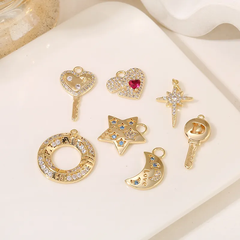 Wholesale Cubic Zirconia Heart Key Moon Star Shape DIY Custom 14K Gold Jewelry Pendant Bulk