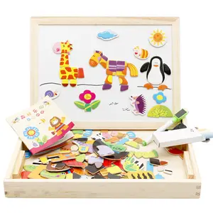 Jigsaw puzzle magnetik anak-anak, mainan kayu hewan papan gambar magnetik dua sisi