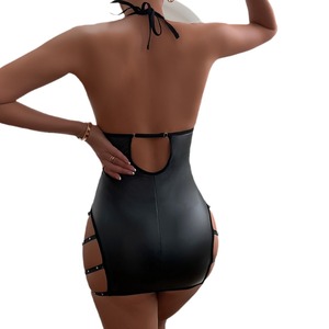 <b>Sexy</b> PU Leather Backless One Piece Bodysuit Wholesale Halter Neck Hollow Out Lingerie <b>Set</b> - Product Image 6