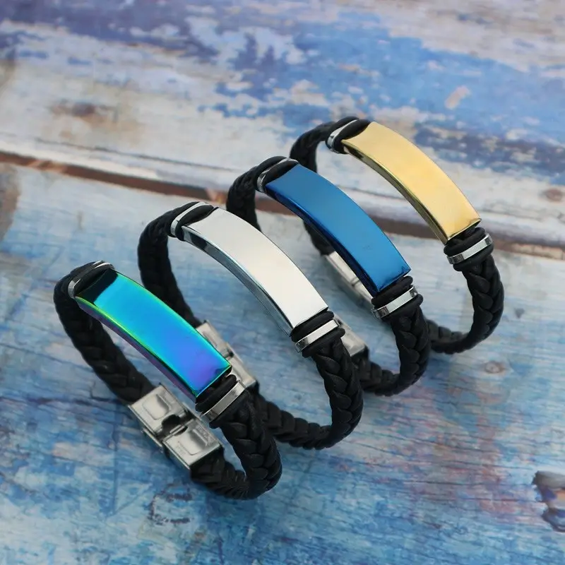 Custom Mens Bracelet Personalized Black Braided Leather Bracelets Engraved Name Bracelets for Men Customized ID Cuff Wristband