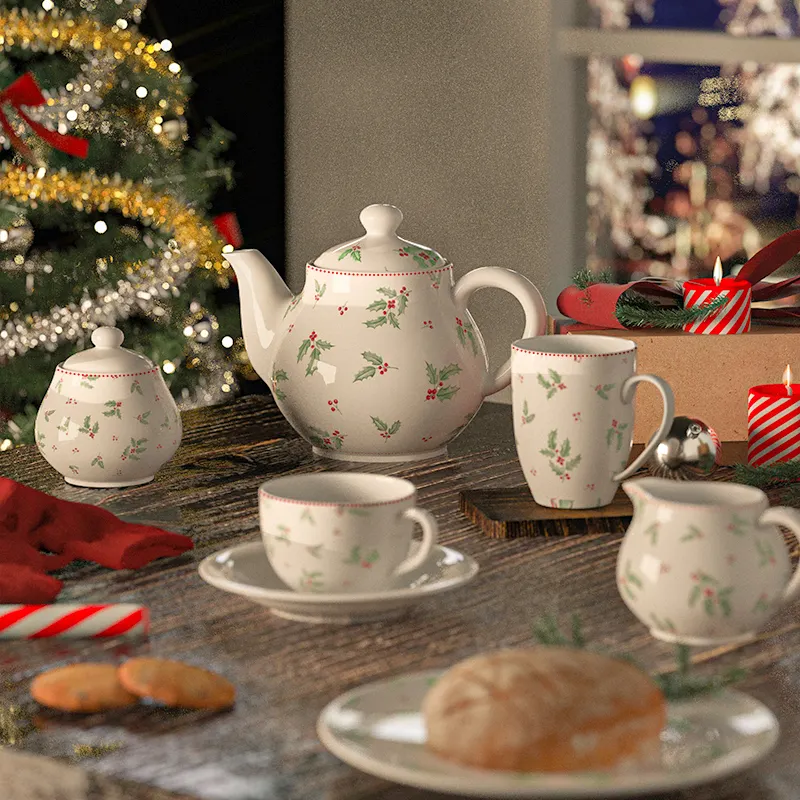 Juego de tazas de té y café de cerámica con diseño navideño, juego de té de la tarde, juego de tazas para fiesta y boda para regalo