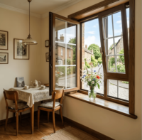 Ventana Abatible y Giratoria de Aluminio con Acabado Rústico Imitación Madera BOCHARM, Diseño de Rejilla con Rotura de Puente Térmico, Ventana de Ventilación para Cocina