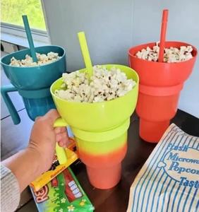 DD1860 Kunststoff 2 in 1 Popcorn Trinkbecher für Snacks und Vorspeisen Stadium Drink Cups Schüssel halter mit Strohhalmen