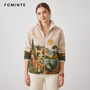 Chaqueta de forro polar estampada estilo vintage para <span class=keywords><strong>hombre</strong></span> y mujer, abrigo cálido de sherpa, ropa de calle con cuello alto y cremallera, venta al por mayor - Product Image 4
