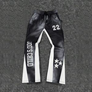 Pantalon de survêtement vintage en coton épais délavé à l'acide avec broderie et patchs usés pour homme, coupe large, effet soleil délavé - Product Image 4