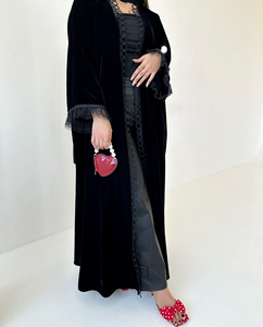 Abaya Musulmana di Lusso Personalizzata con Bordo in Pizzo per <span class=keywords><strong>Donna</strong></span>, Modello Aperto Nero con Dettaglio Circolare, Abito <span class=keywords><strong>Musulmano</strong></span> Femminile 2025 Dubai - Product Image 3