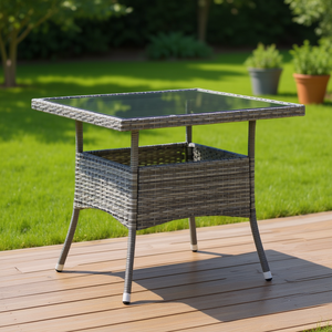 Gray Poly Rattan Glass Patio Dining <b>Table</b> D0100HHHTL8 Outdoor Furniture Contemporary Design Durable - Product Image 2
