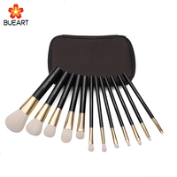 DailyQueen Luxury 12pcs Gold Tube Acrylique Makeup Brush Set Manche Noir avec Fibre Protéine et Poils de Chèvre Naturels Gaine à Fermeture Éclair