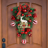 Guirnalda Artificial de Navidad en Forma de Lágrima con Lazo a Cuadros, Letrero de Reno, Bolas y Estrellas para Decoración Navideña de Puerta Principal y Hogar
