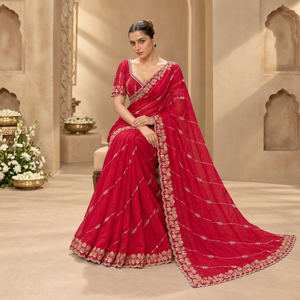 <b>Red</b> Embroidered Fendy Satin Silk Saree with <b>Blouse</b> Floor Length Traditional Wedding for <b>Women</b> - Product Image 1