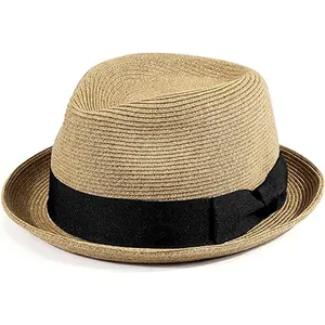 Sombrero de paja para el sol ala corta playa logotipo personalizado hombre verano papel paja cinta estilo sombrero de paja para el sol