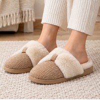 Pantoufles d'intérieur en tricot camel, pantoufles mules croisées en peluche, chaussures d'intérieur chaudes pour femmes