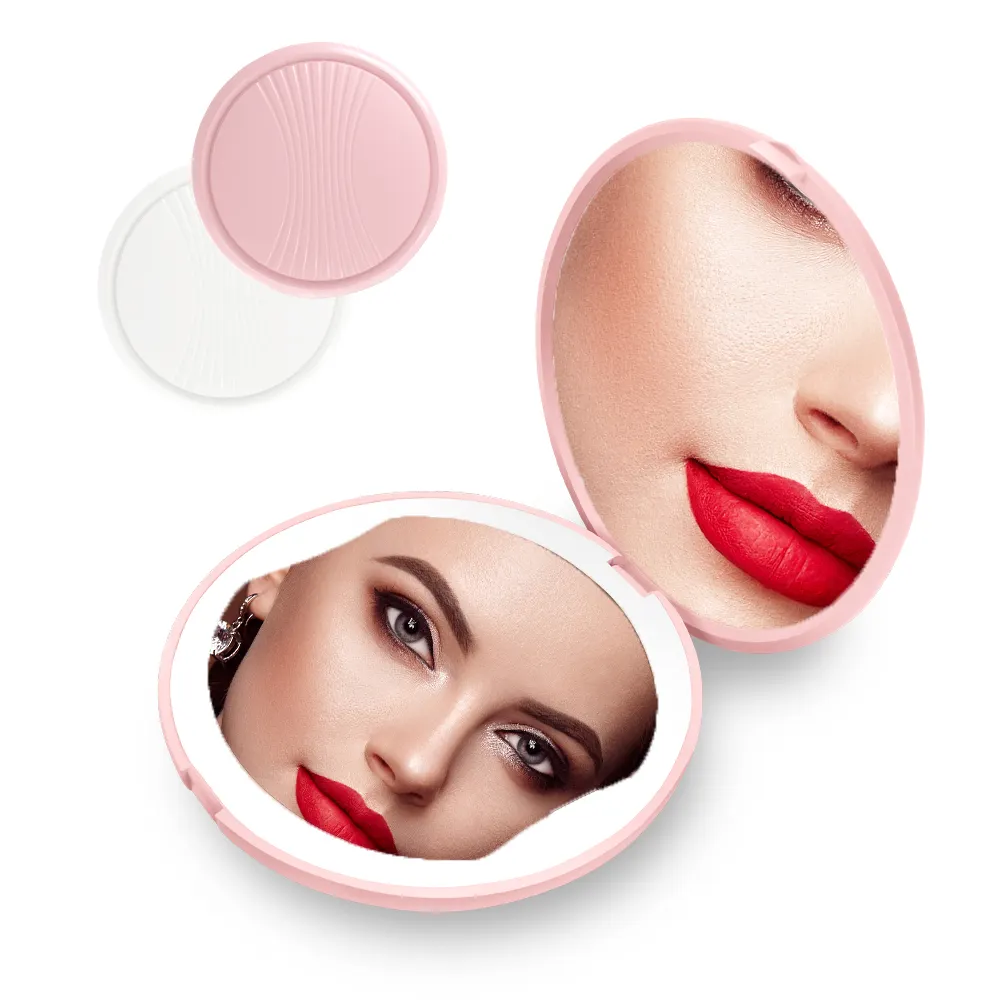 Small Round Rechargeable Handheld Purse Mini Magnifying Compact Led Handy Handbag Hand Makeup Travel Pocket Mirror With Light