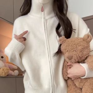 White Zip-Up Stand Collar <b>Cardigan</b> For Women Knitted Solid Color Medium <b>Thickness</b> Autumn Winter Style - Product Image 2