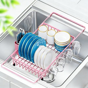 Extendable Sink Dish Rack Large Capacity Pink Square Draining Rack For <b>Kitchen</b> <b>Storage</b> - Product Image 1