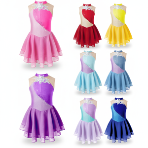 Vestido de patinaje artístico para niñas, sin mangas, con pedrería y lentejuelas, leotardo de actuación, falda de tul escalonada, ropa de baile para escenario y entrenamiento - Product Image 1