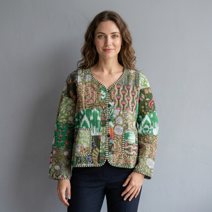 Quilted <b>Patchwork</b> <b>Jacket</b> Women's V-Neck Three Quarter Sleeves Cotton Autumn Styles Button Closure Short Length Lantern Sleeve gi - Product Image 1