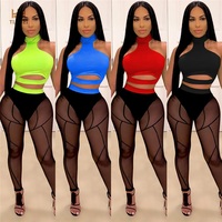 X5418 ensemble 2 pièces sexy pour femmes, haut sans manches et pantalon en maille