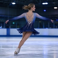 Robe de patinage et de danse dégradé bleu, manches longues en maille, dos croisé à nouer avec strass, pour enfants et adultes, compétition et performance