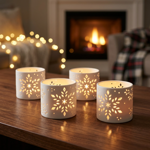 Round White <b>Tea</b> <b>Light</b> <b>Holder</b> with Snowflake Pattern Heat Resistant Reusable for Christmas Home Decoration - Product Image 2