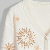 Cardigan en tricot brodé pour femme, automne-hiver, avec boutons, imprimé soleil et lune, manches longues, ouvert sur le devant, vêtement d'extérieur chaud