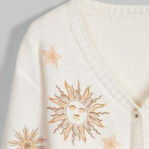 Cardigan in <span class=keywords><strong>Maglia</strong></span> da Donna Autunno Inverno <span class=keywords><strong>con</strong></span> Ricamo, Motivo Sole Luna, Maniche a Lanterna, Scollo a V - Product Image 5