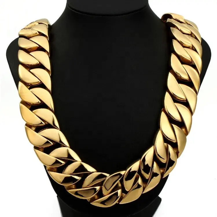 Curb Big Cuban Chain Necklace Plated Dainty Heavy Hip Hop Chunky Cuban Men Collar Venta caliente Acero inoxidable 32mm 14K 18K Gold