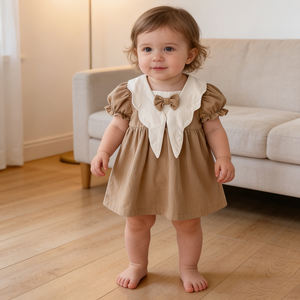Vestido Vintage para Niña Pequeña, <span class=keywords><strong>Cuello</strong></span> Peter Pan con Lazo, Manga Corta Abullonada, Vestido de Algodón en Línea A, Traje Casual de Princesa para Bebé - Product Image 1
