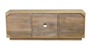 Meuble TV bas Paxton en bois massif naturel avec deux armoires de rangement et étagères ouvertes pour médias - Product Image 2