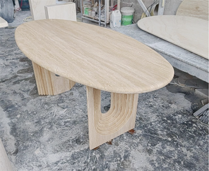 Sala da pranzo retrò francese mobili in pietra <span class=keywords><strong>travertino</strong></span> in marmo tavolo da pranzo ovale con piedistallo a forma di U - Product Image 4